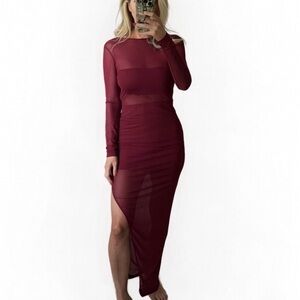 Lulus Burgundy Sheer Maxi Dress Medium NWT